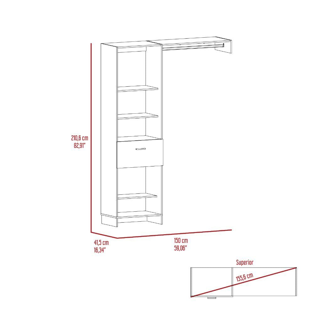 Manchester 150 Closet System with Five Open Shelves, One Drawer, and Metal Rod