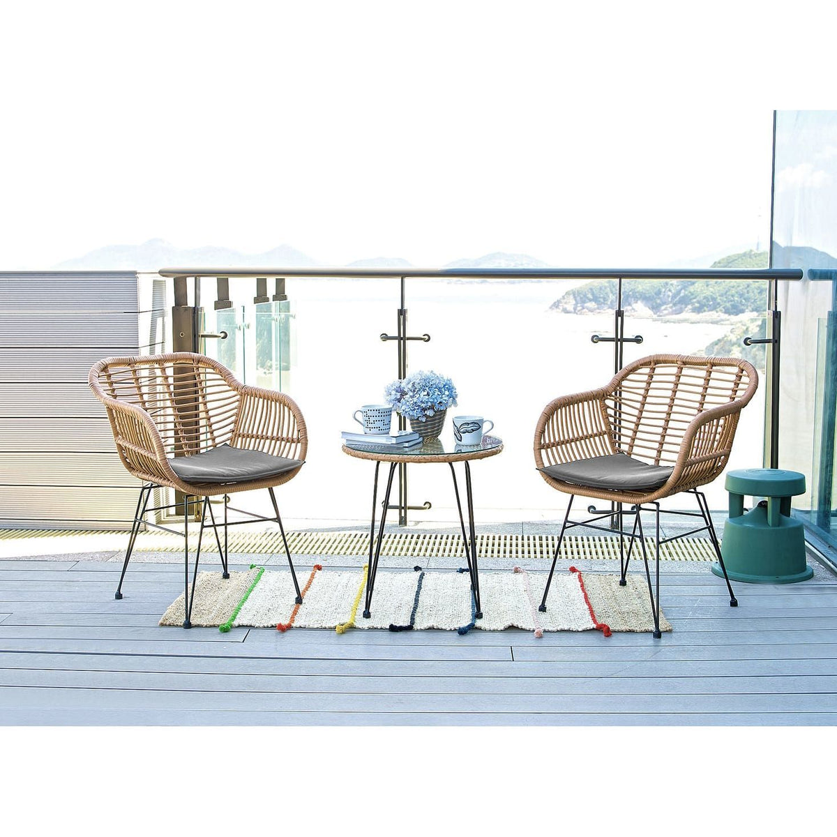 Manhattan Comfort Antibes 3-Piece Steel Rattan Patio Set with Grey Cushions