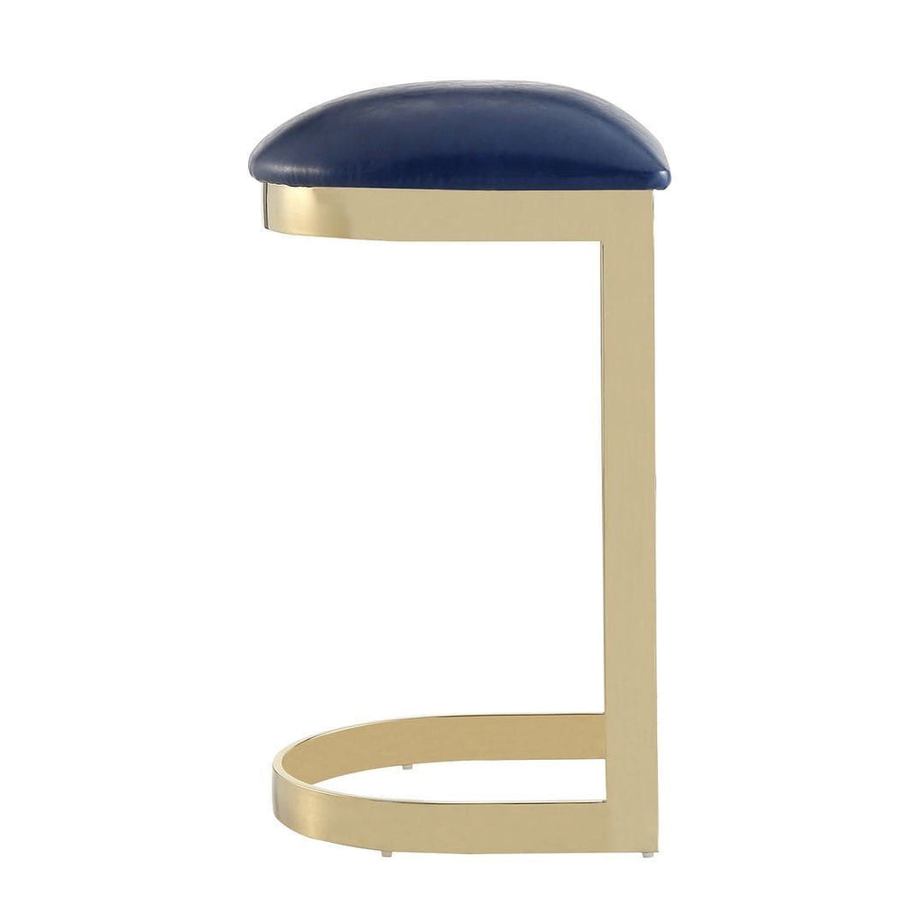 Aura Blue Backless Bar Stool with Polished Brass Finish