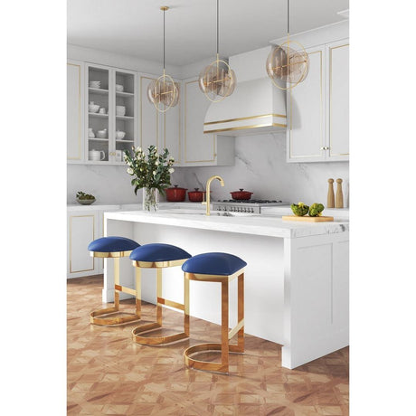 Aura Blue Backless Bar Stool with Polished Brass Finish