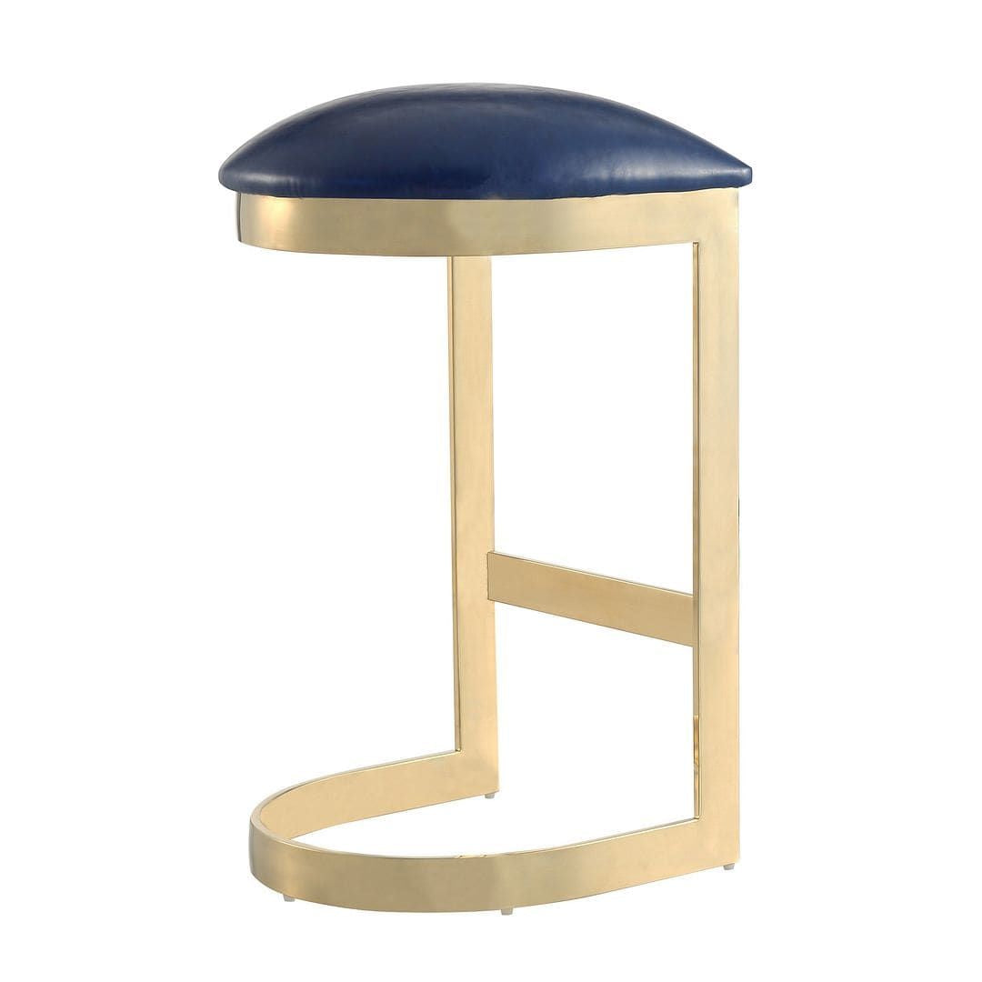 Aura Blue Backless Bar Stool with Polished Brass Finish