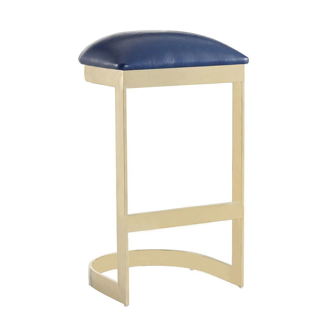 Aura Blue Backless Bar Stool with Polished Brass Finish