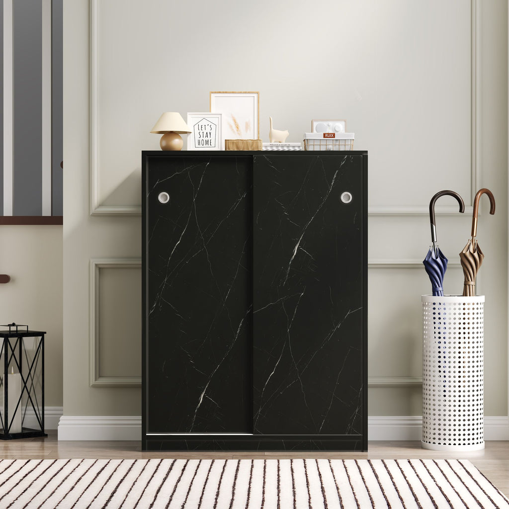 Marble Black Sliding Door Shoe Cabinet – 6 Layers, 30-Pair Capacity