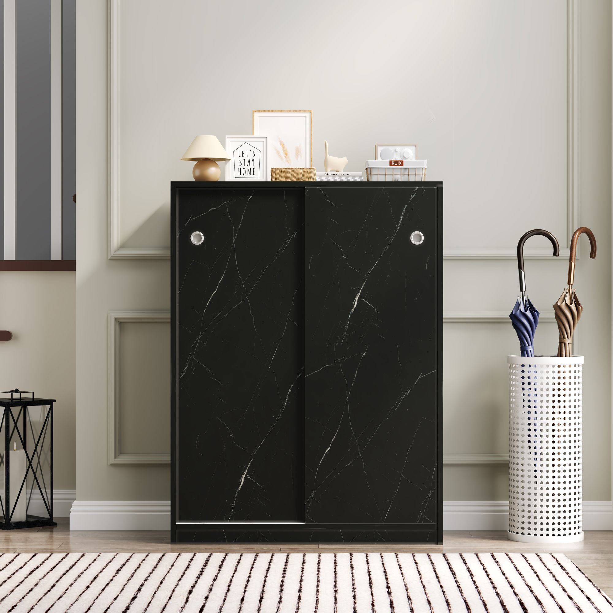 Marble Black Sliding Door Shoe Cabinet – 6 Layers, 30-Pair Capacity