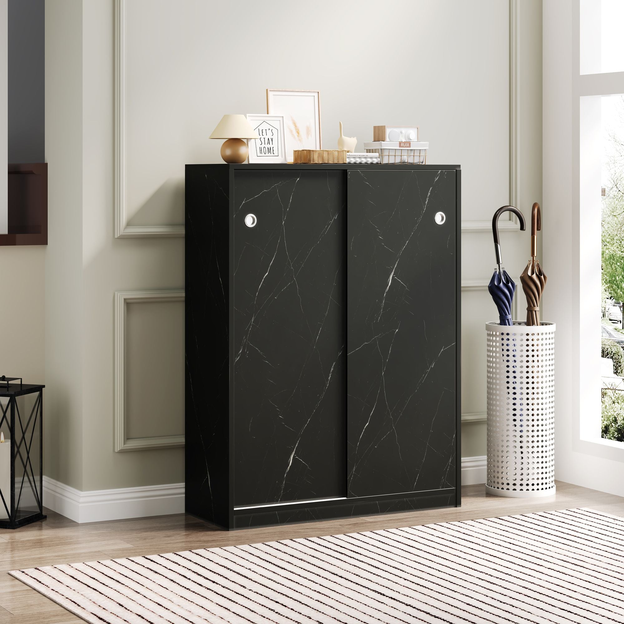 Marble Black Sliding Door Shoe Cabinet – 6 Layers, 30-Pair Capacity