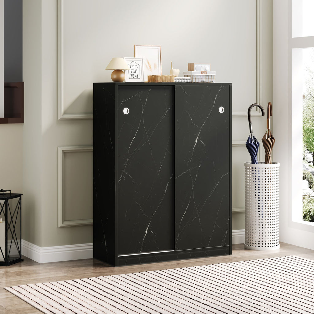 Marble Black Sliding Door Shoe Cabinet – 6 Layers, 30-Pair Capacity