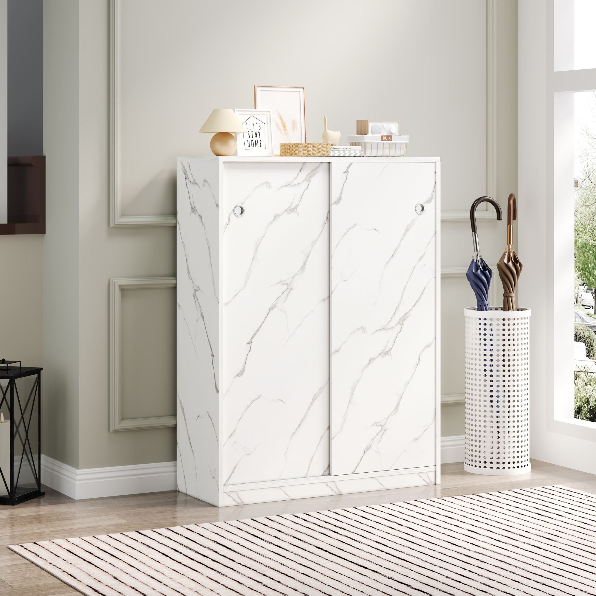 Marble white shoe cabient with sliding door have 6 layers can storage at least30 pairs shoes