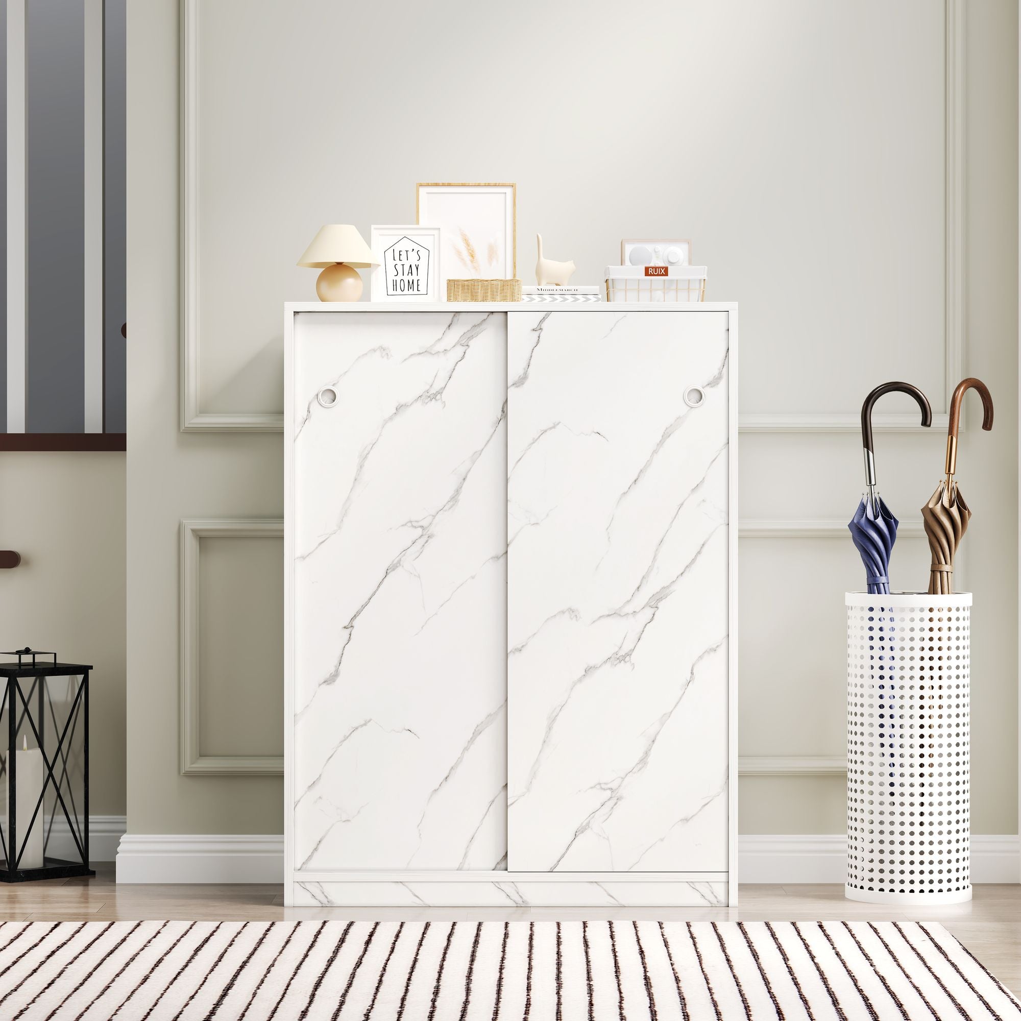 Marble white shoe cabient with sliding door have 6 layers can storage at least30 pairs shoes