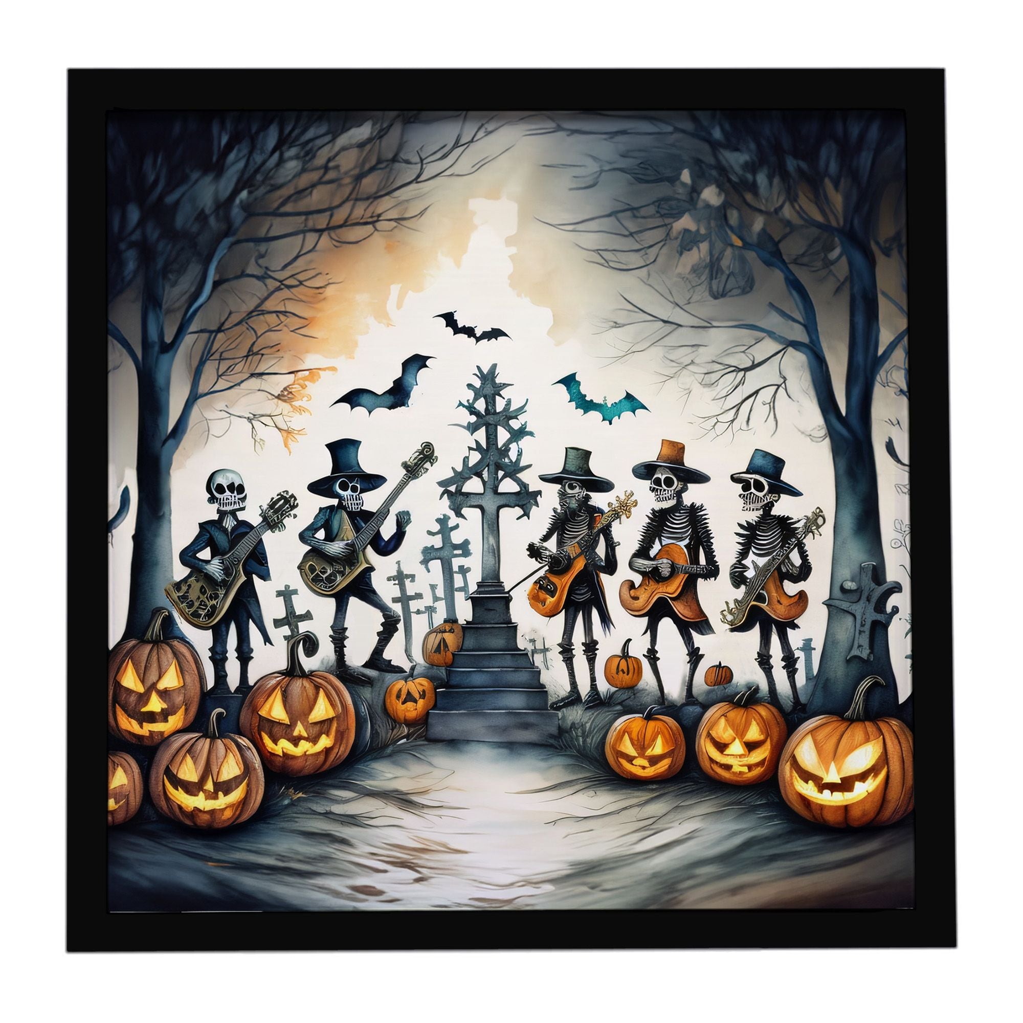 Mariachi Skeleton Band Spooky Halloween Framed Metal Print Wall Art