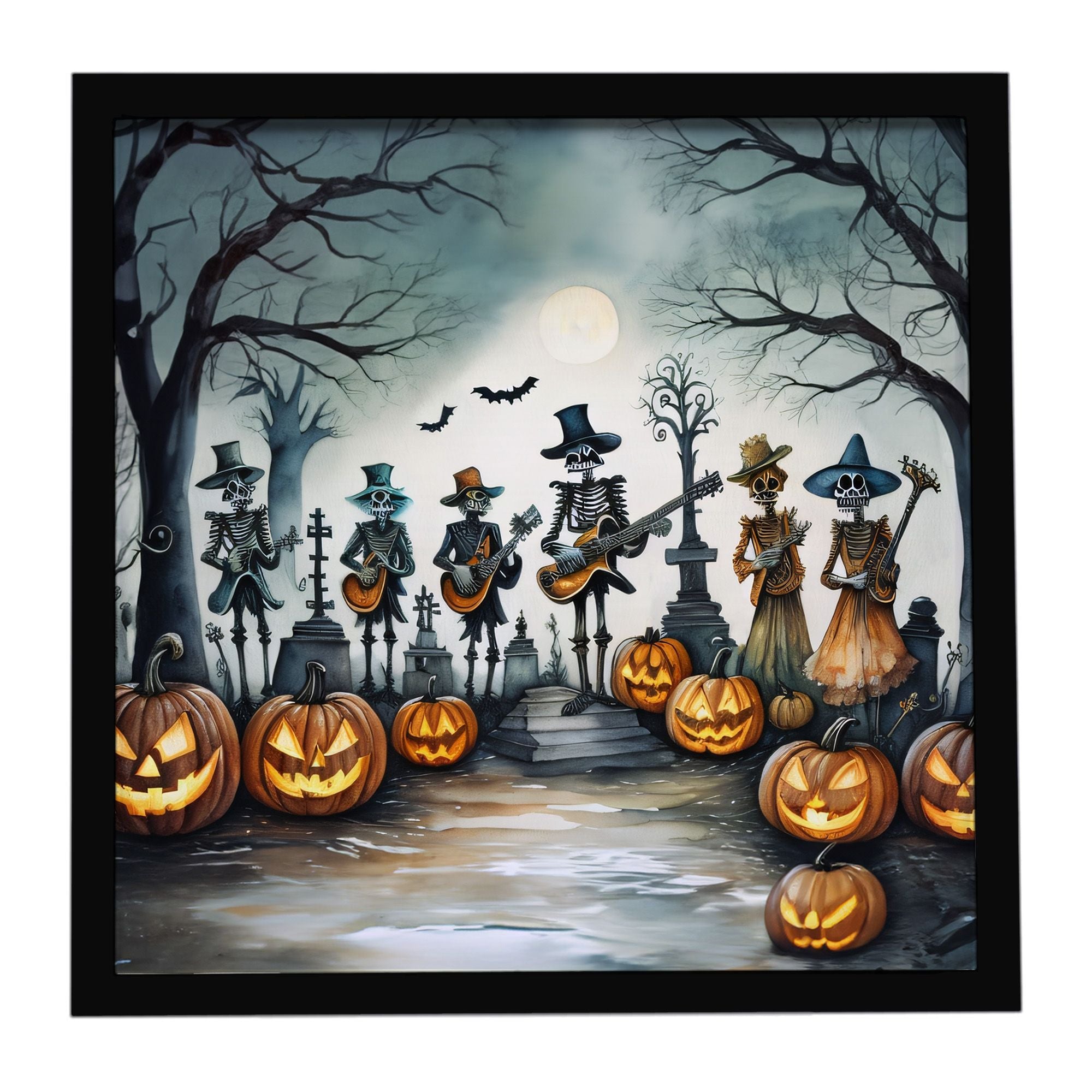 Mariachi Skeleton Band Spooky Halloween Framed Metal Print Wall Art