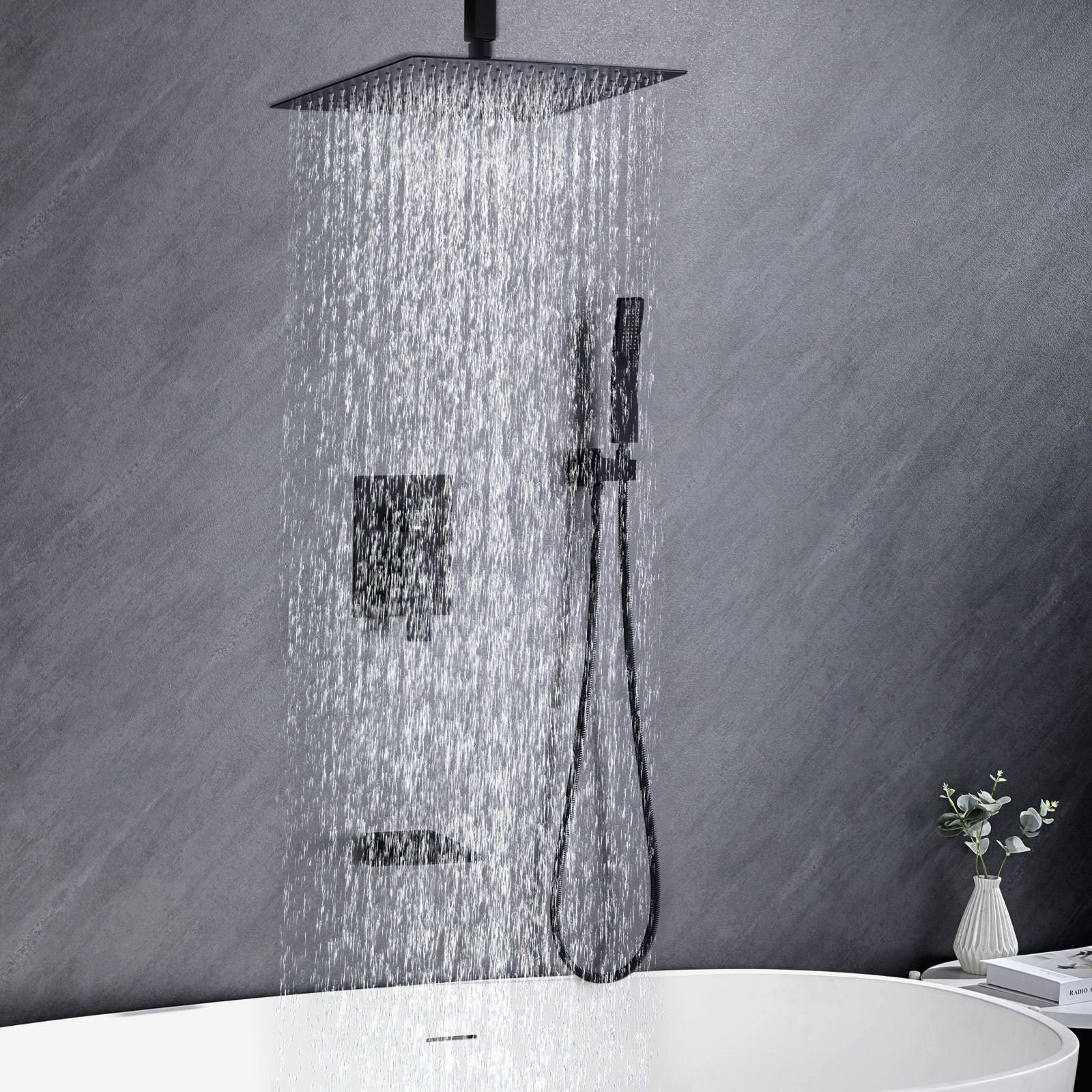 Matte Black Rain Shower System with Three-Outlet Selection