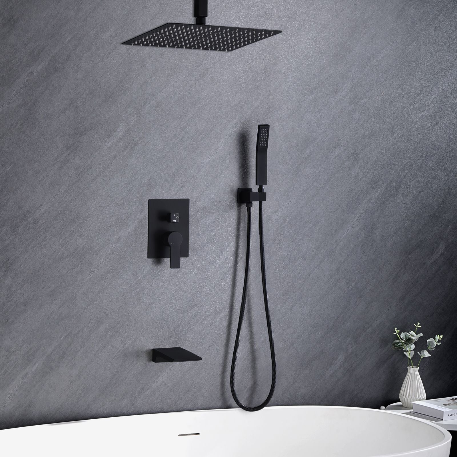 Matte Black Rain Shower System with Three-Outlet Selection