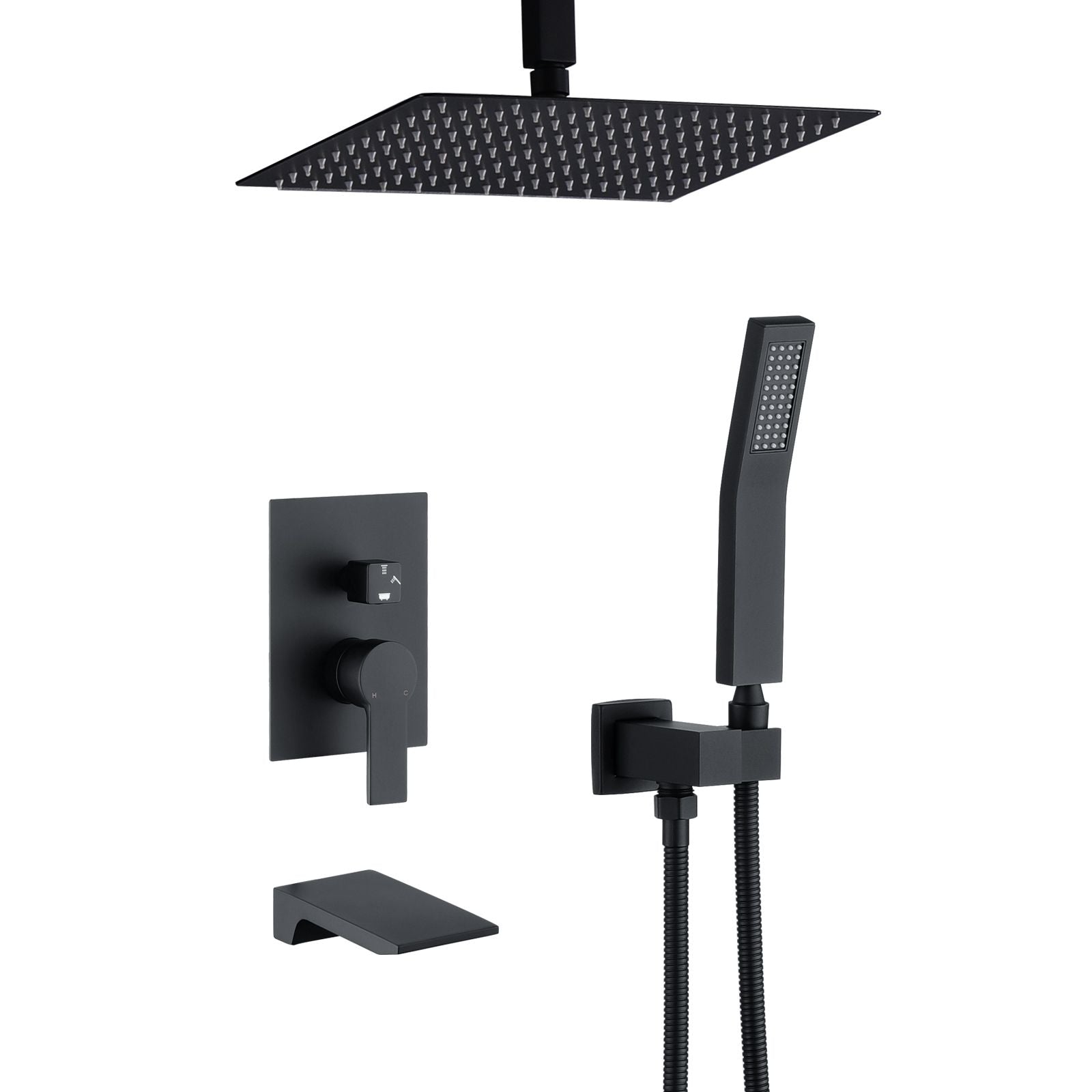 Matte Black Rain Shower System with Three-Outlet Selection