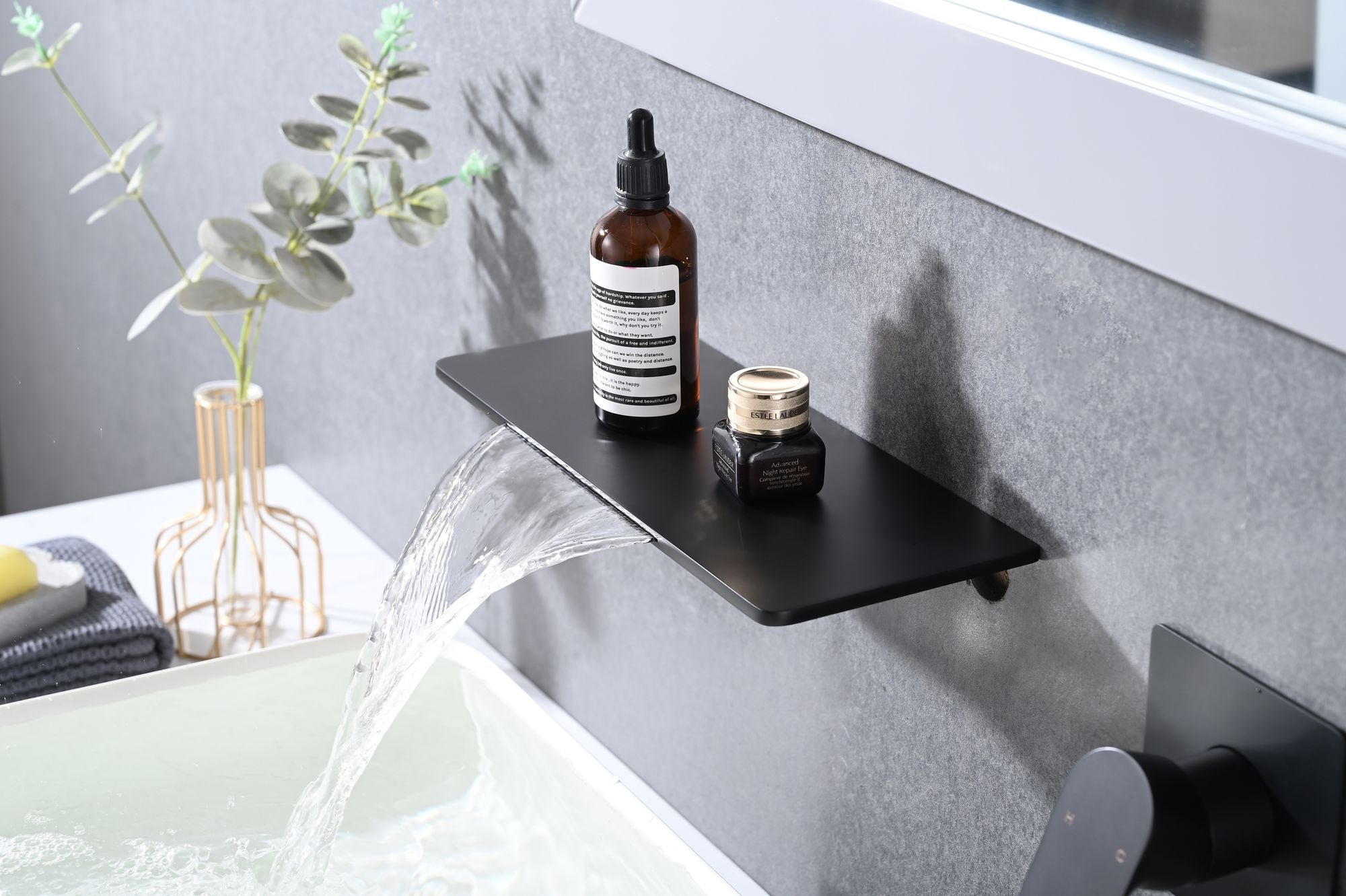 Matte Black Bathroom Waterfall Faucet with Single Handle and Shelf Spout