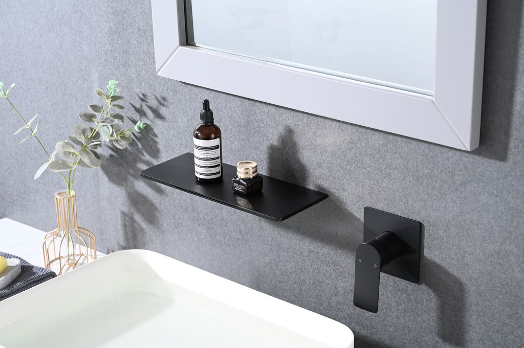 Matte Black Bathroom Waterfall Faucet with Single Handle and Shelf Spout