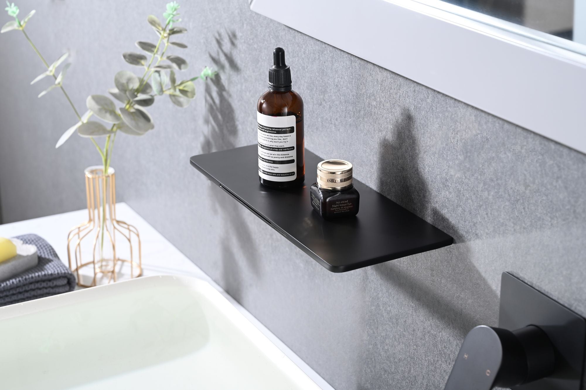 Matte Black Bathroom Waterfall Faucet with Single Handle and Shelf Spout
