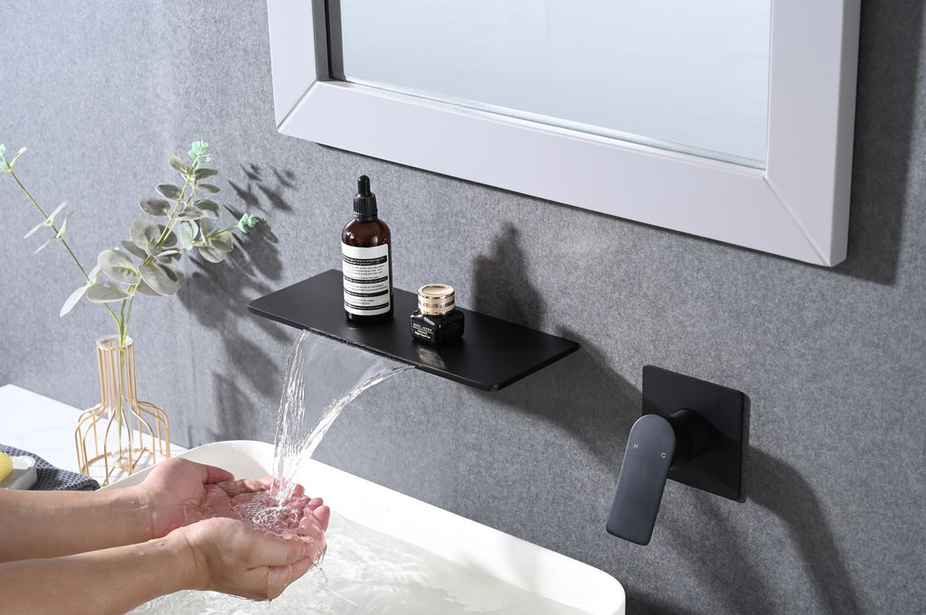 Matte Black Bathroom Waterfall Faucet with Single Handle and Shelf Spout