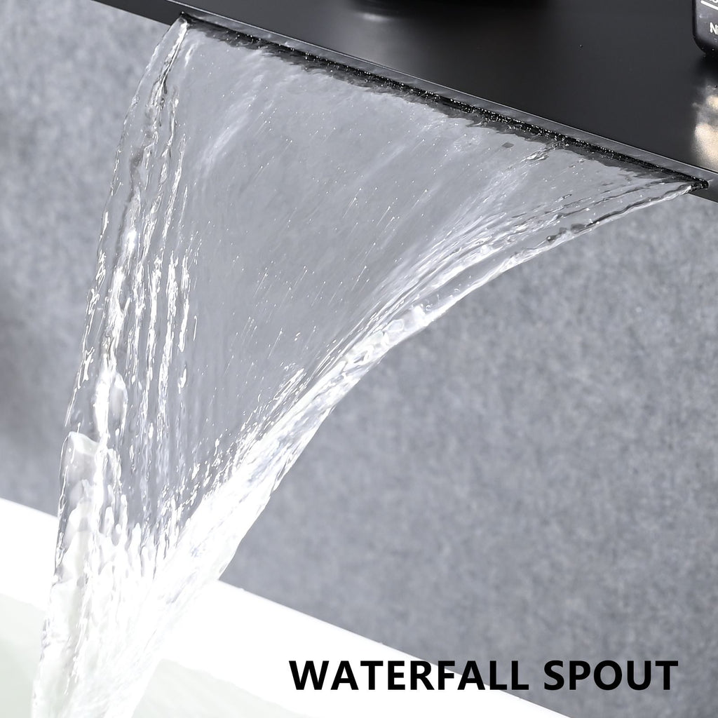 Matte Black Bathroom Waterfall Faucet with Single Handle and Shelf Spout