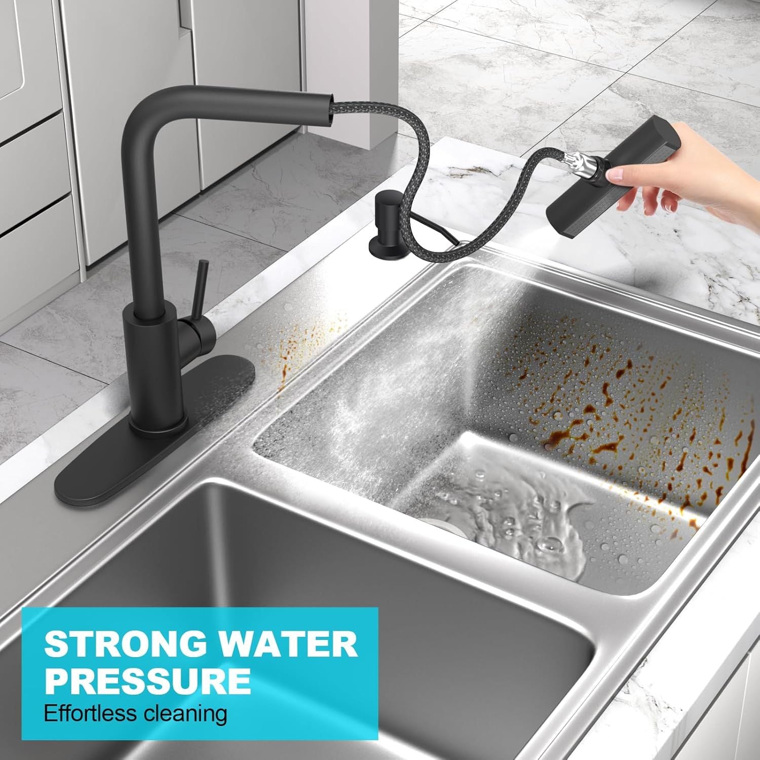 Matte Black Waterfall Kitchen Faucet with Pull Down Sprayer & Soap Dispenser