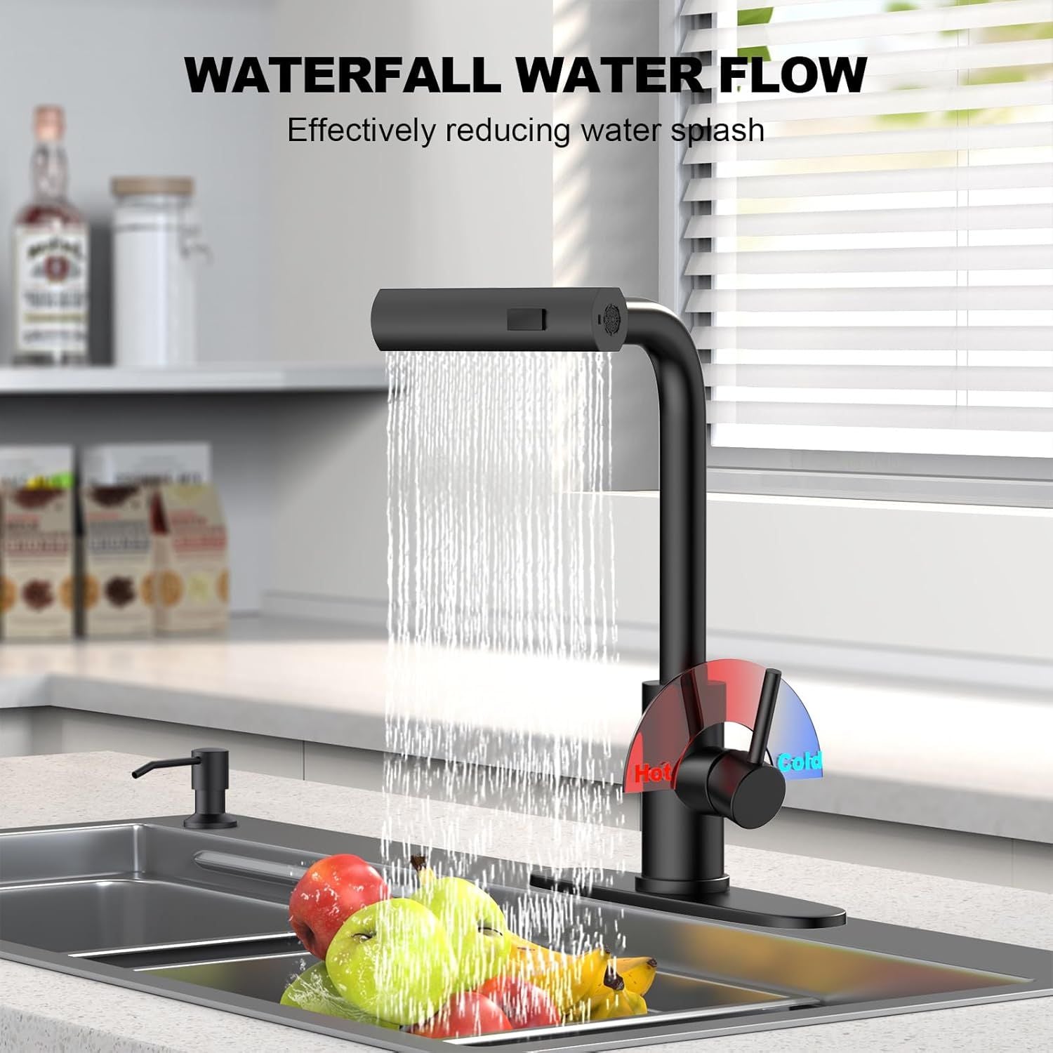 Matte Black Waterfall Kitchen Faucet with Pull Down Sprayer & Soap Dispenser