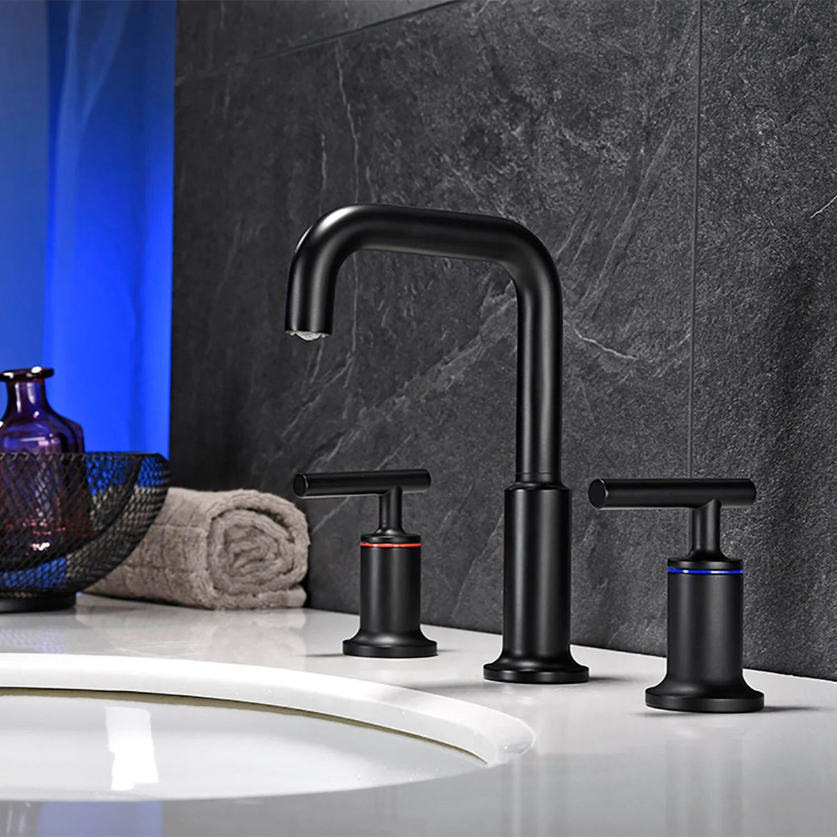 Matte Black Widespread Bathroom Faucet with Rotating High-Arc Spout