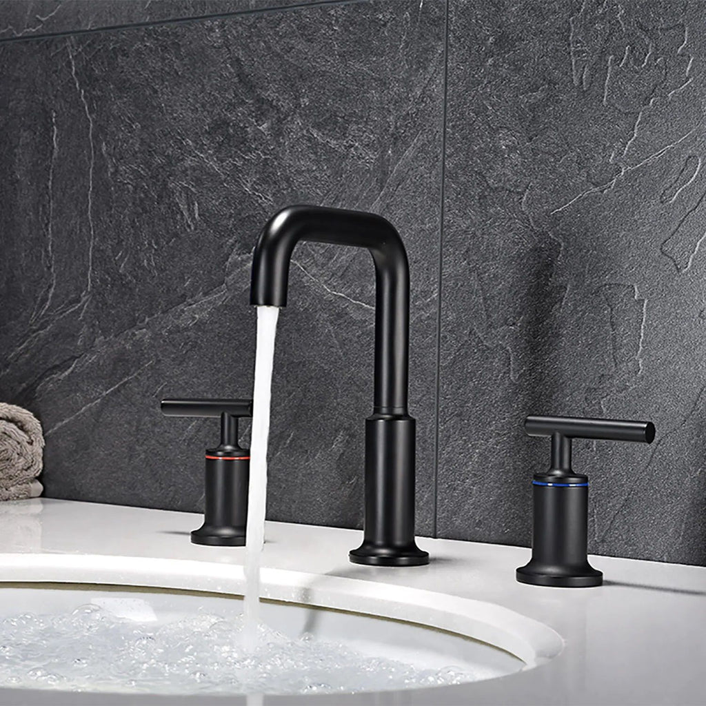 Matte Black Widespread Bathroom Faucet with Rotating High-Arc Spout