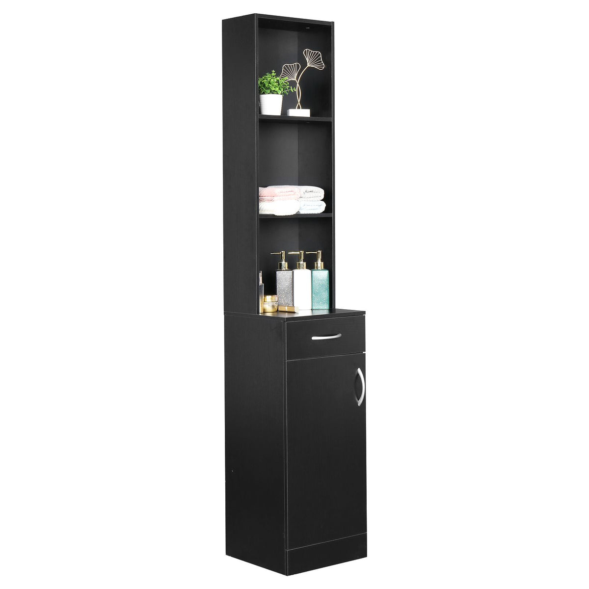 Tall Bathroom Wall Cabinet with Door, Drawer, and Three Compartments