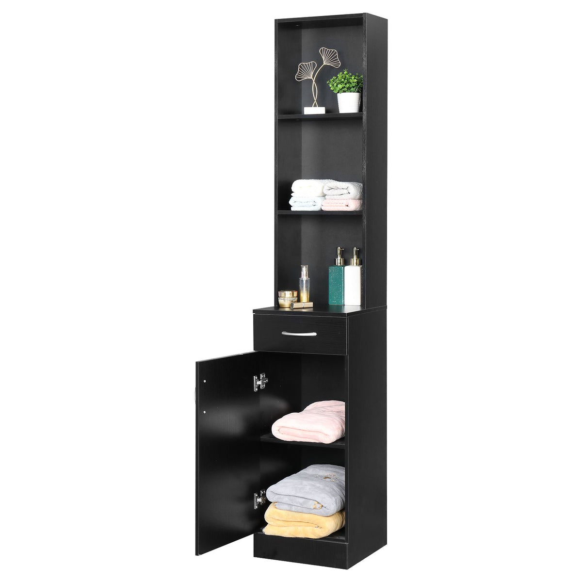 Tall Bathroom Wall Cabinet with Door, Drawer, and Three Compartments