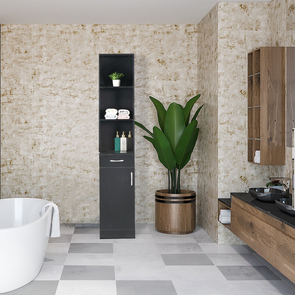 Tall Bathroom Wall Cabinet with Door, Drawer, and Three Compartments