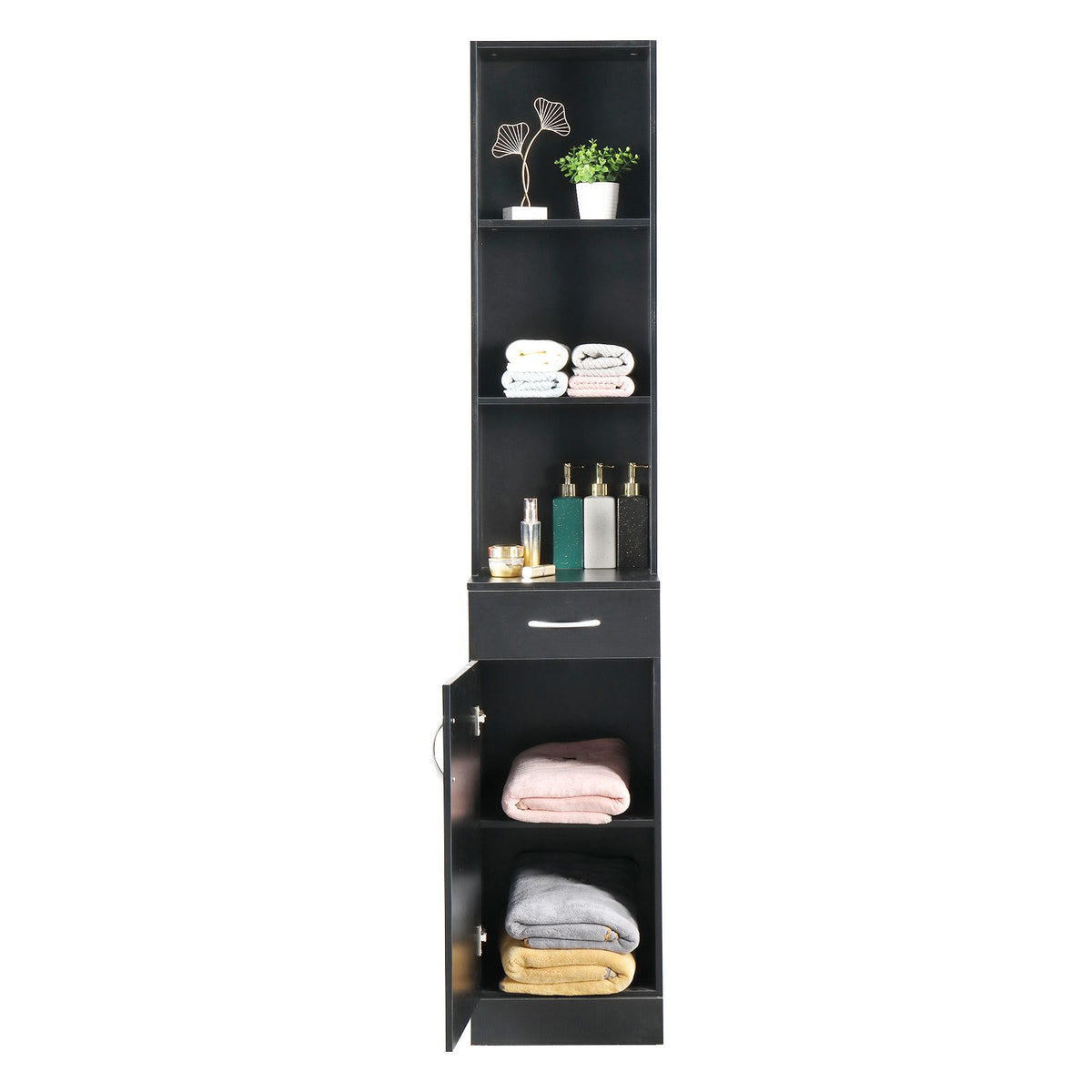 Tall Bathroom Wall Cabinet with Door, Drawer, and Three Compartments