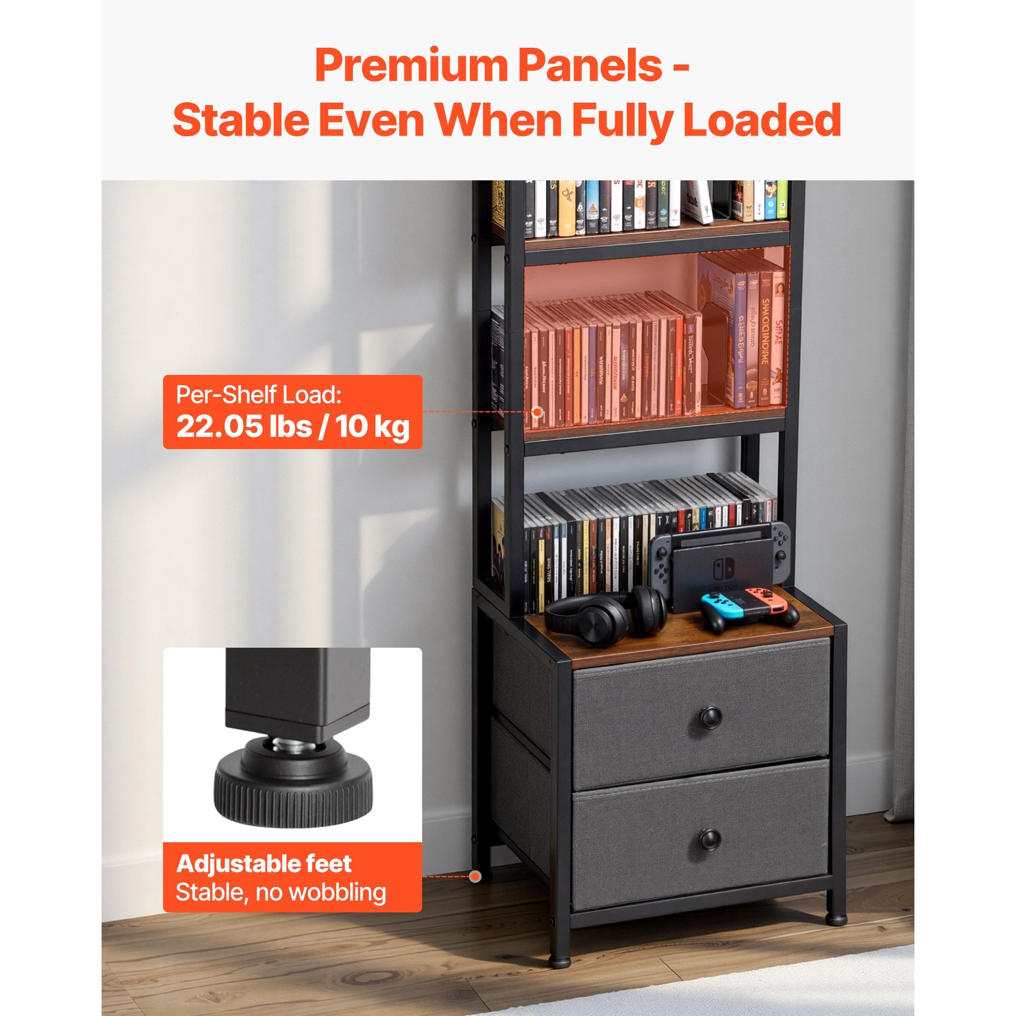 Media Storage Cabinet with Drawers – 4-Shelf DVD Organizer for CDs, Books and Games