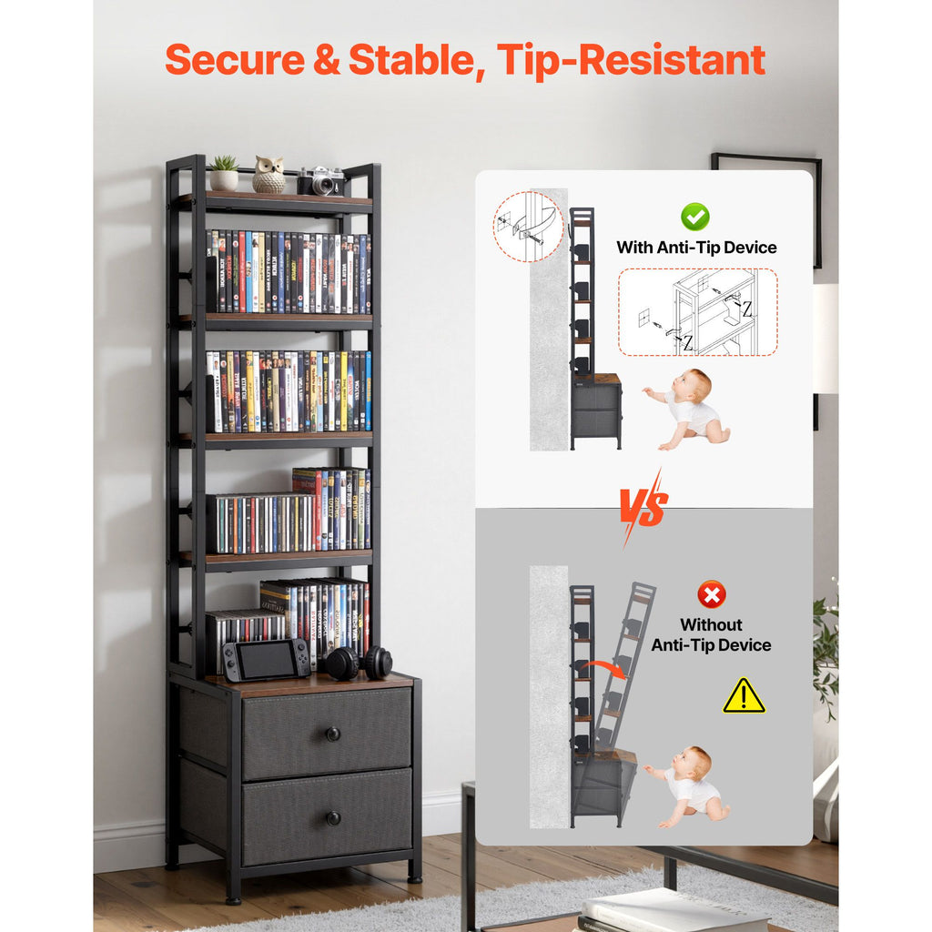 Media Storage Cabinet with Drawers – 4-Shelf DVD Organizer for CDs, Books and Games