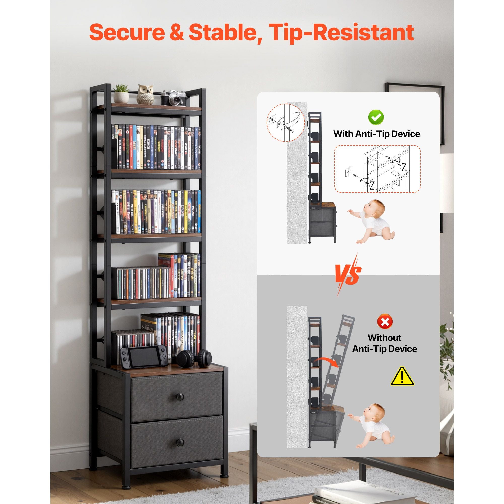 Media Storage Cabinet with Drawers – 4-Shelf DVD Organizer for CDs, Books and Games