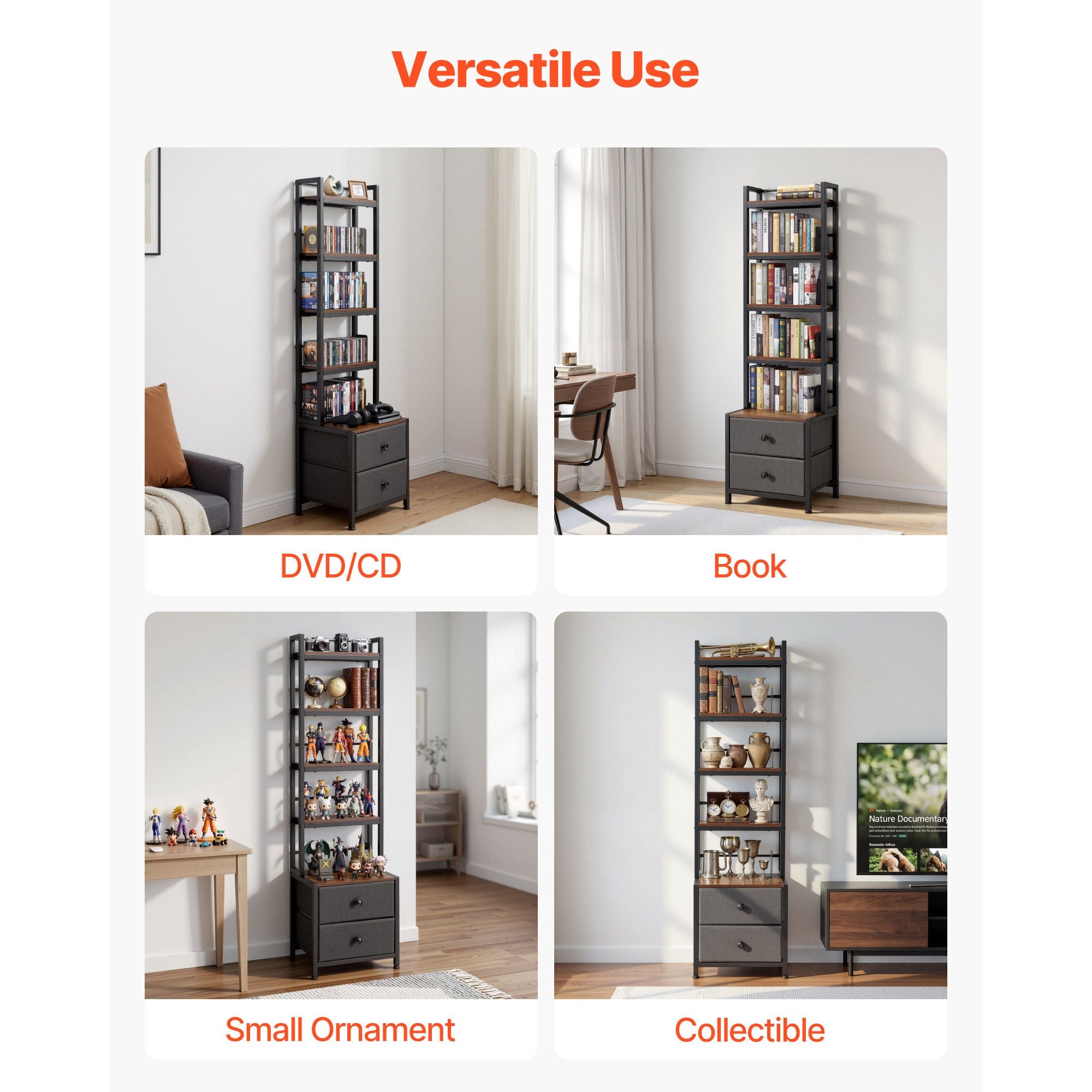 Media Storage Cabinet with Drawers – 4-Shelf DVD Organizer for CDs, Books and Games