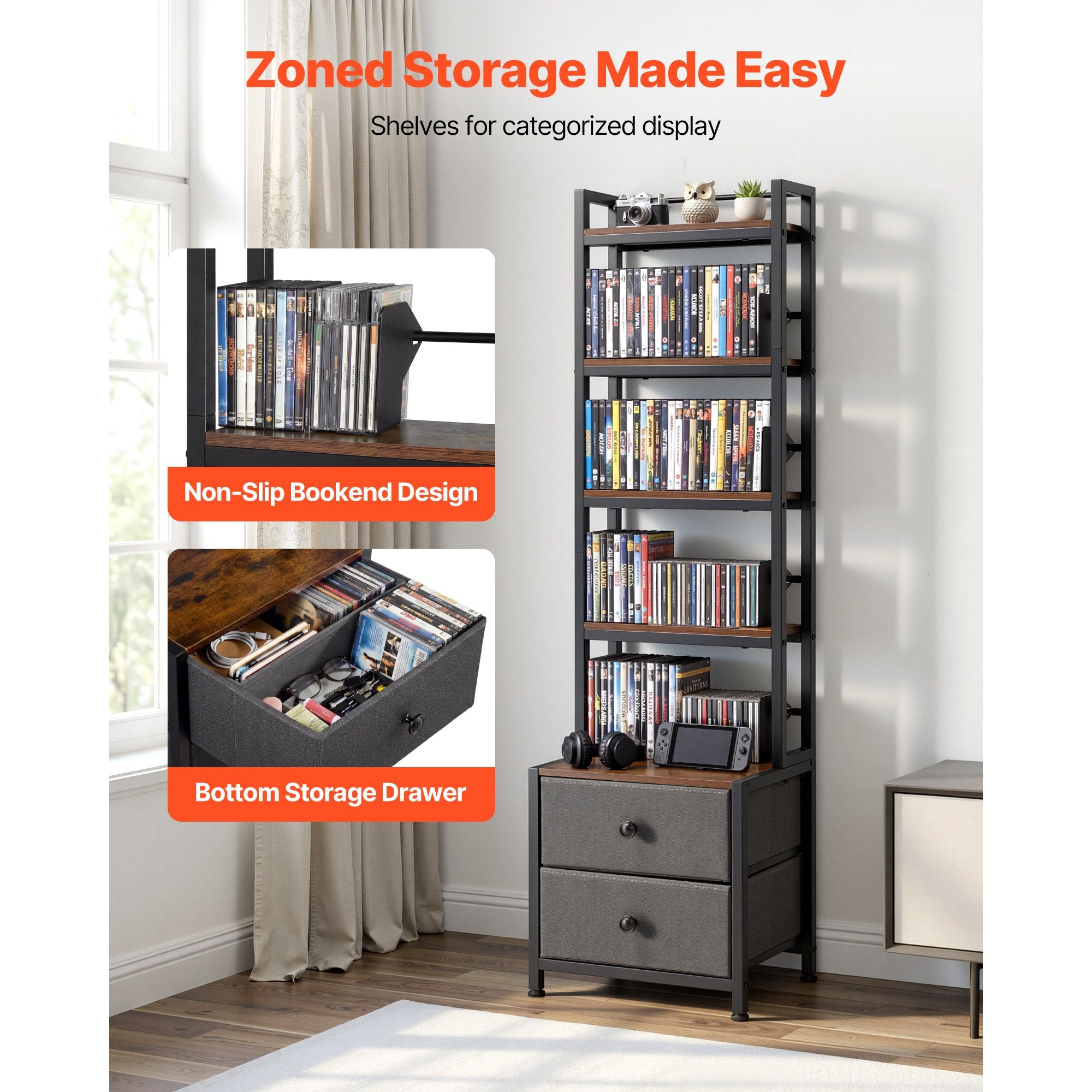 Media Storage Cabinet with Drawers – 4-Shelf DVD Organizer for CDs, Books and Games