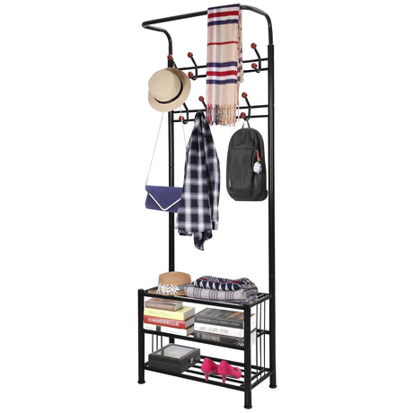 practical Metal Hall Tree with Shoe Bench and 18 Hooks