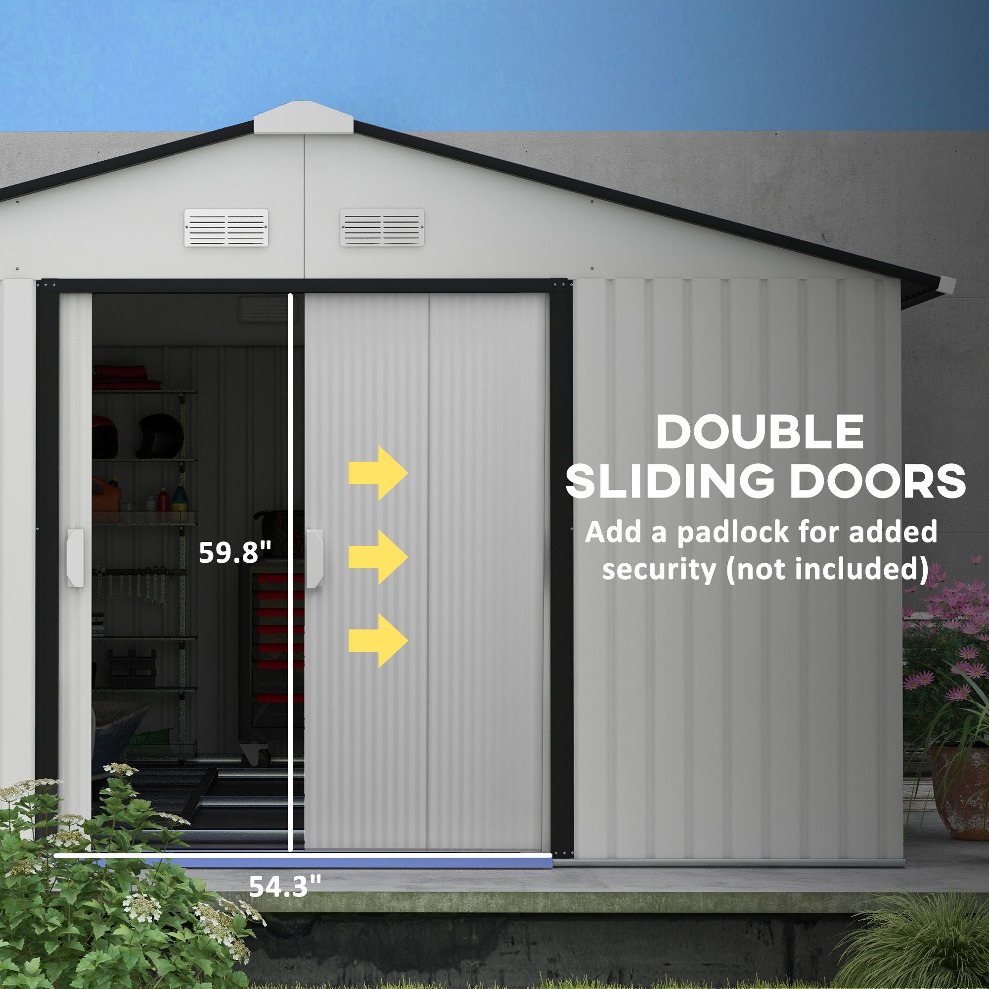 White Metal Garden Shed with Double Locking Doors for Yard Tools & Bikes