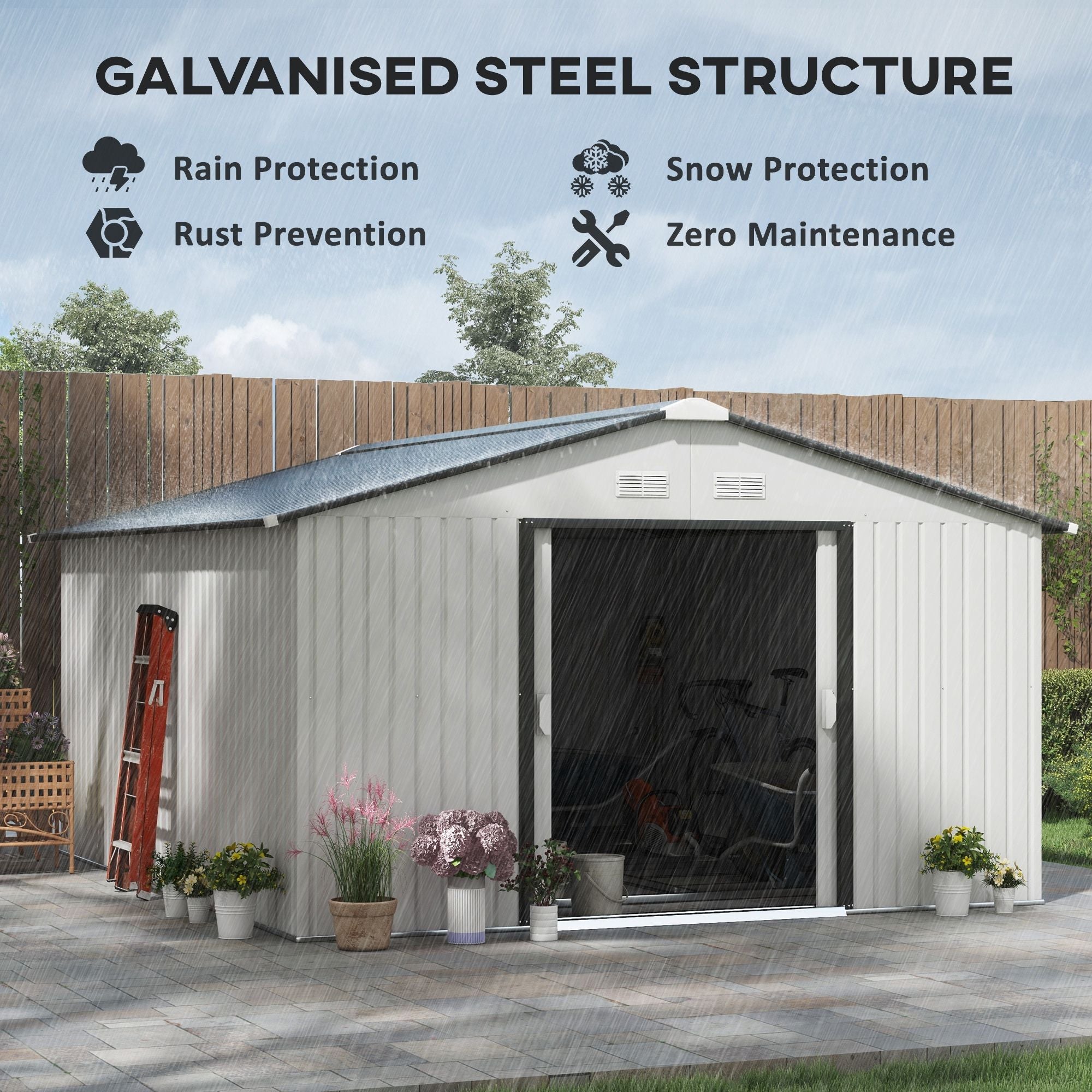 White Metal Garden Shed with Double Locking Doors for Yard Tools & Bikes