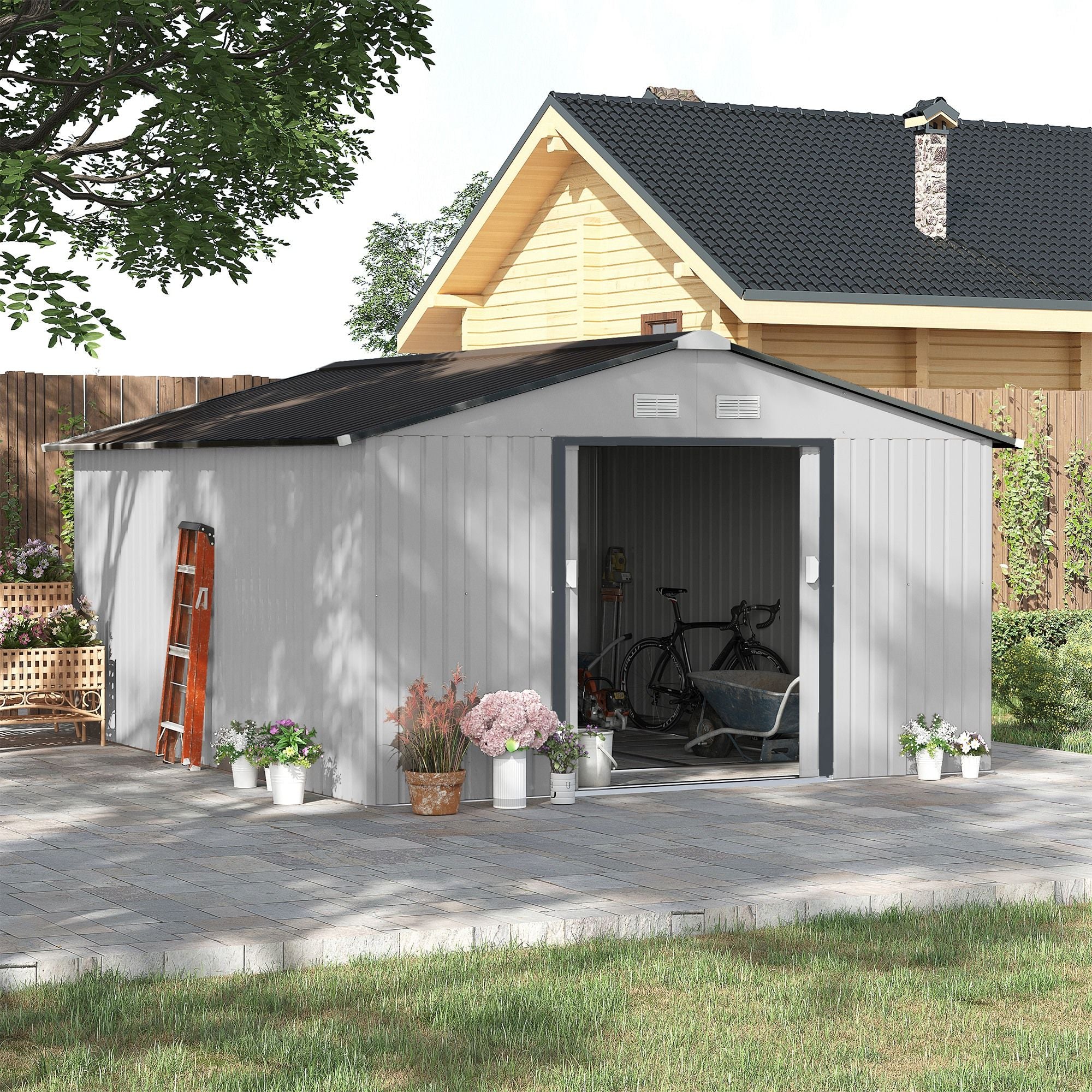White Metal Garden Shed with Double Locking Doors for Yard Tools & Bikes