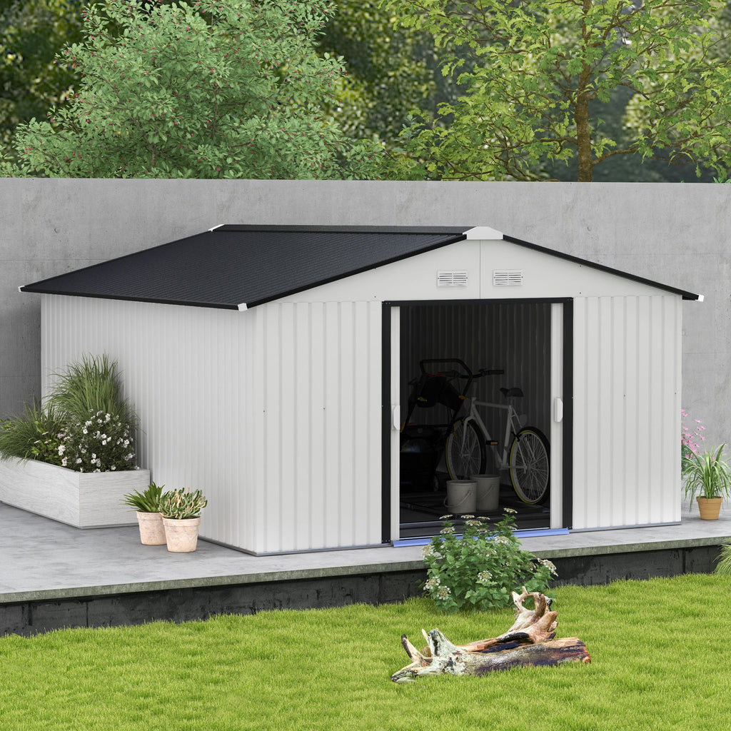 White Metal Garden Shed with Double Locking Doors for Yard Tools & Bikes