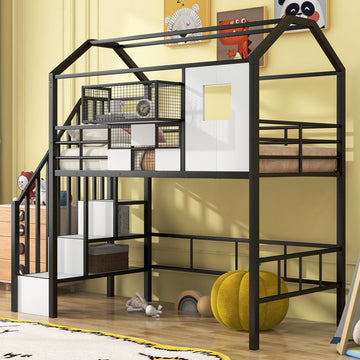Twin Metal Loft Bed with Roof Design and Storage Box