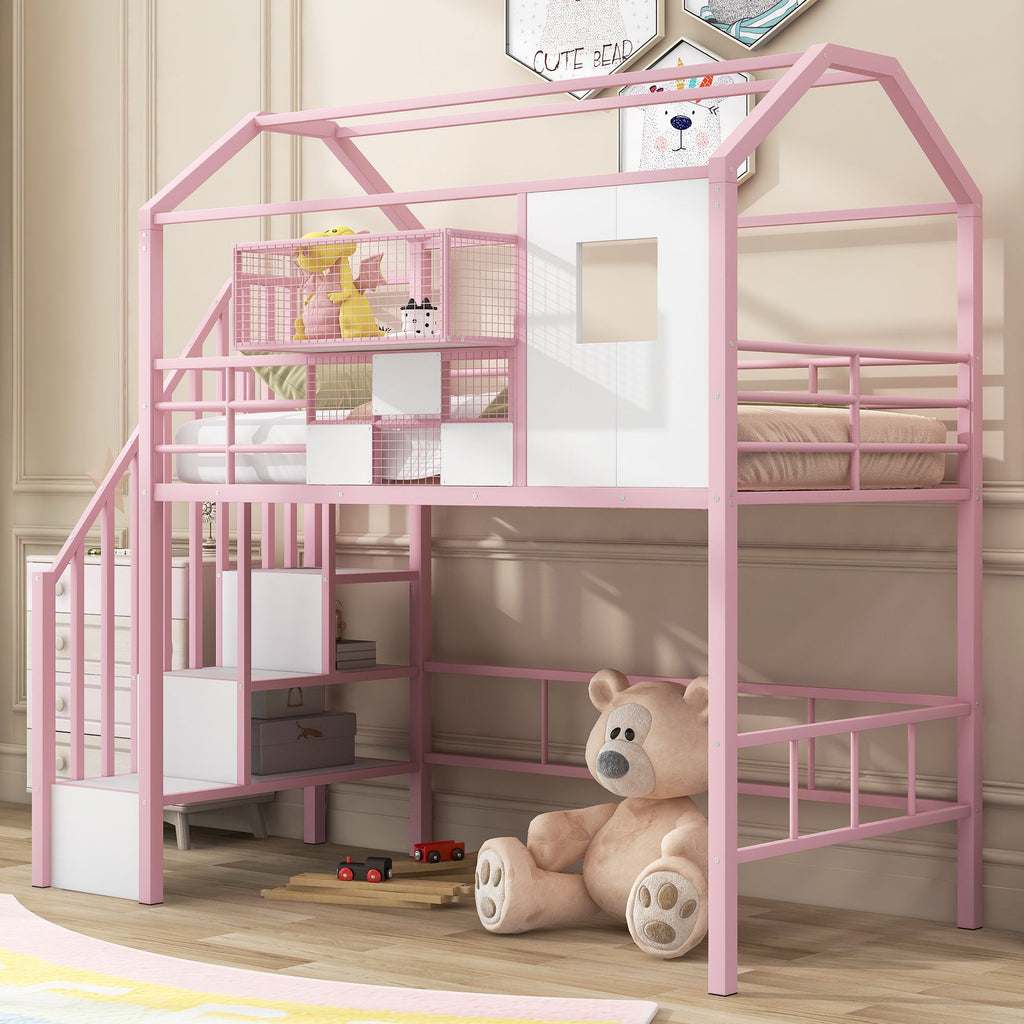 Twin Metal Loft Bed with Roof Design and Storage Box in Pink