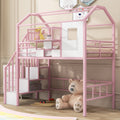 Twin Metal Loft Bed with Roof Design and Storage Box in Pink