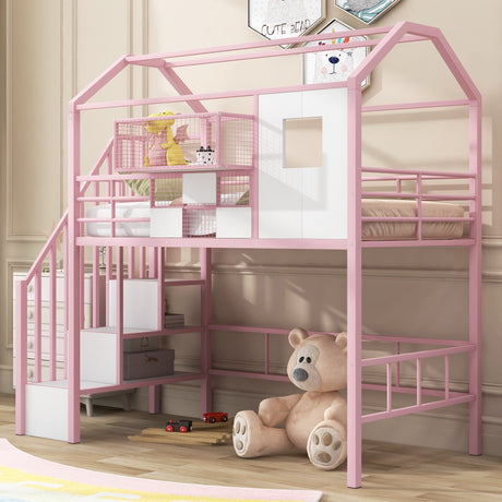 Twin Metal Loft Bed with Roof Design and Storage Box in Pink