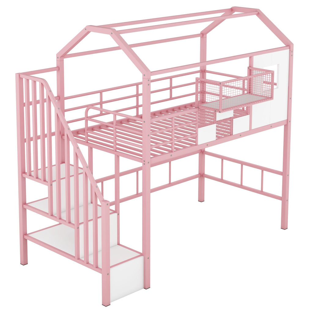 Twin Metal Loft Bed with Roof Design and Storage Box in Pink