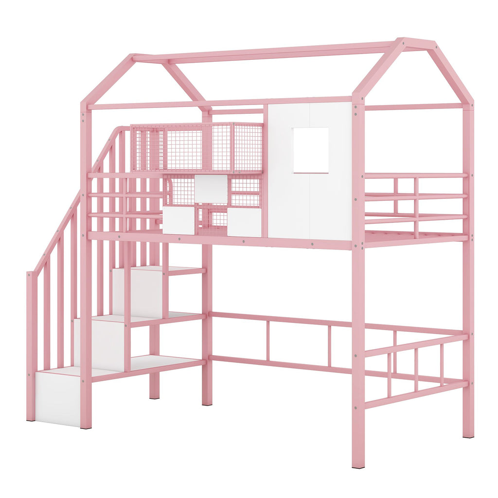 Twin Metal Loft Bed with Roof Design and Storage Box in Pink