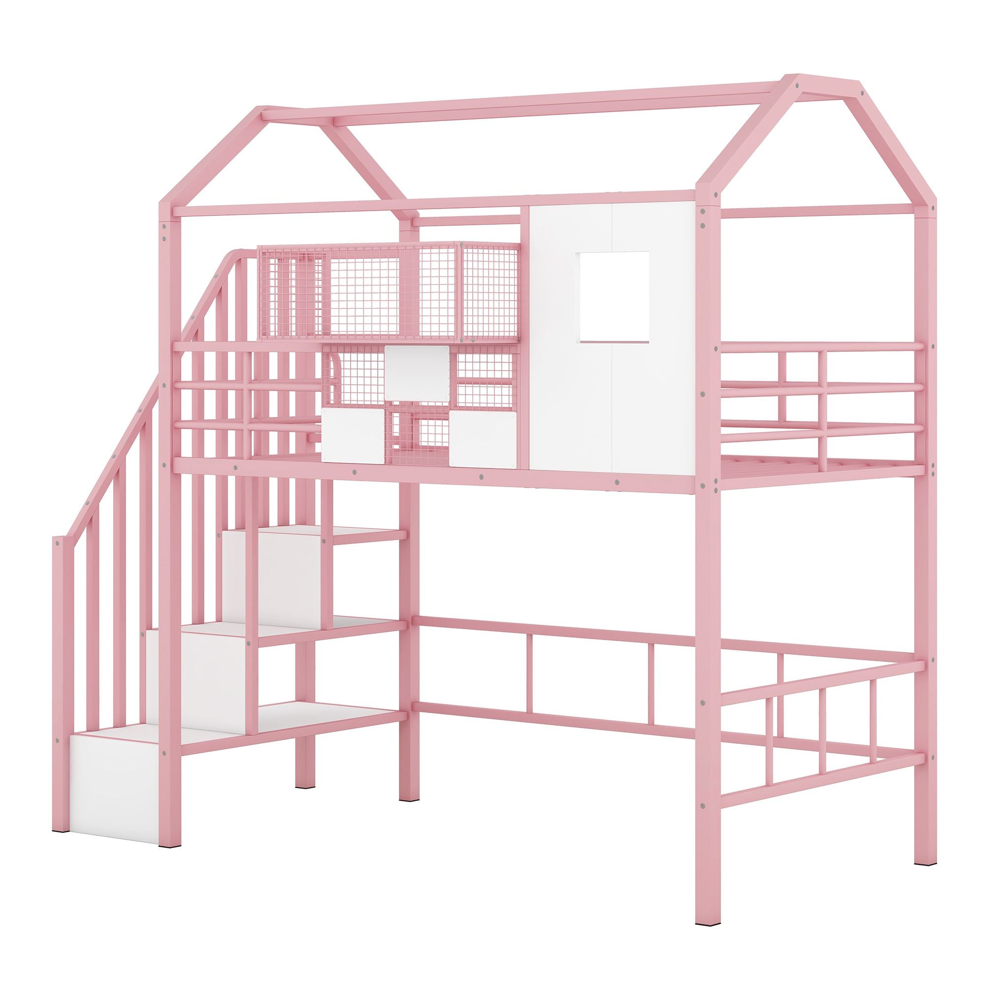 Twin Metal Loft Bed with Roof Design and Storage Box in Pink