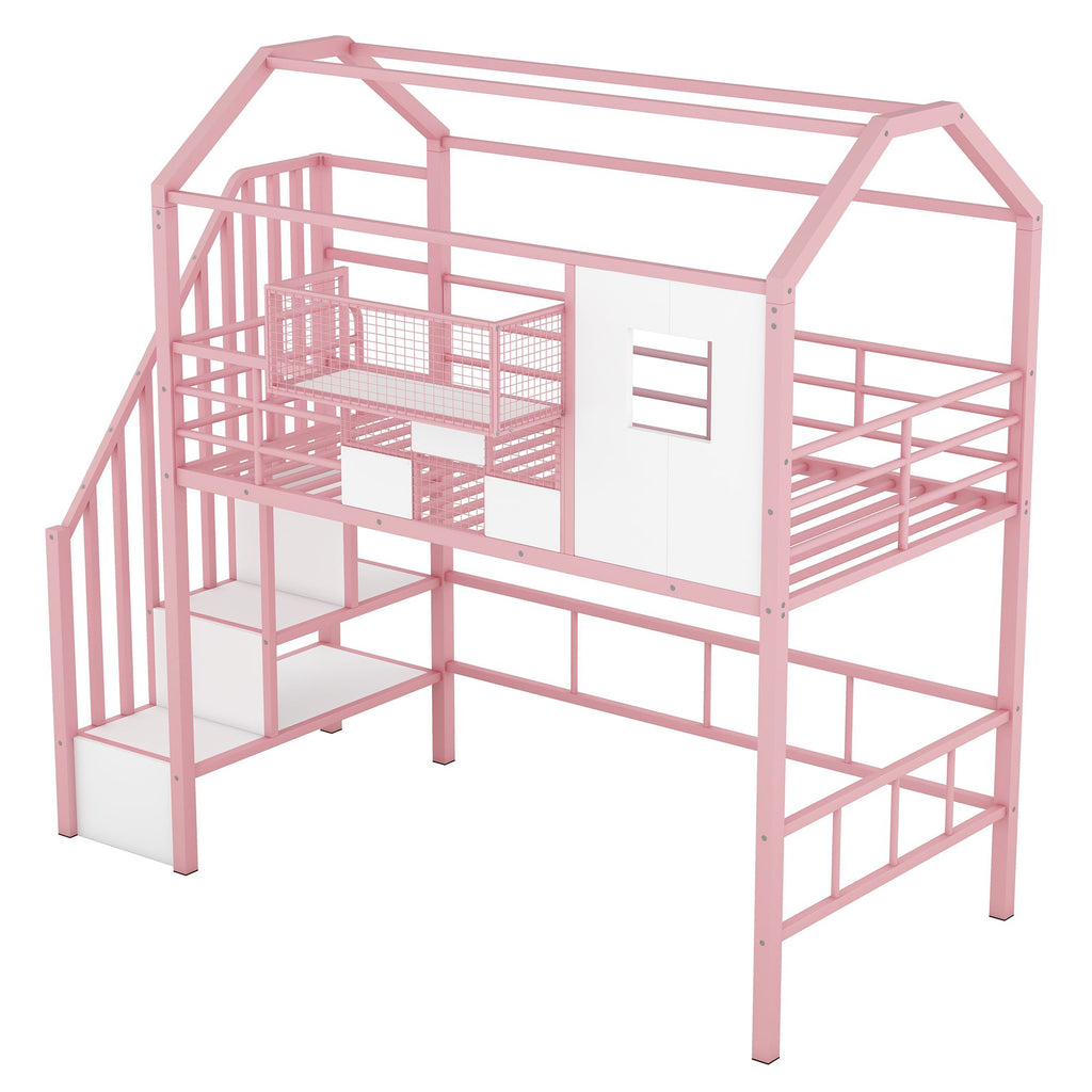 Twin Metal Loft Bed with Roof Design and Storage Box in Pink