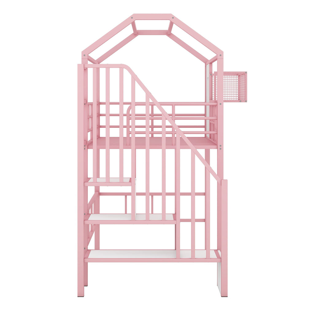 Twin Metal Loft Bed with Roof Design and Storage Box in Pink