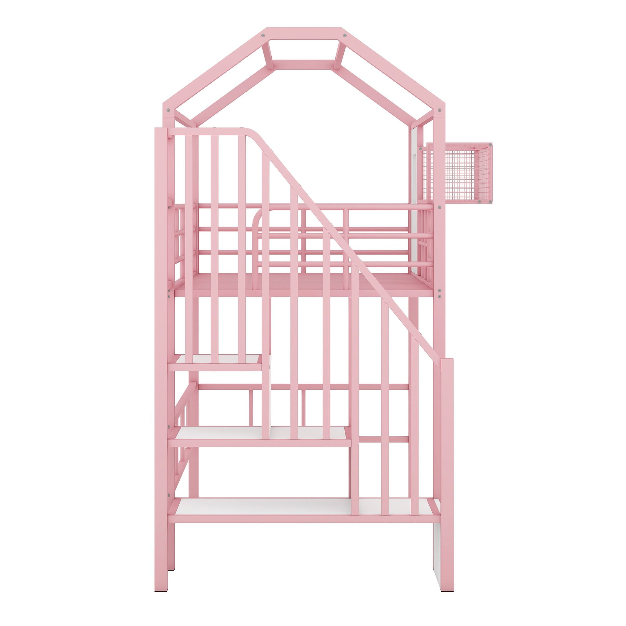 Twin Metal Loft Bed with Roof Design and Storage Box in Pink